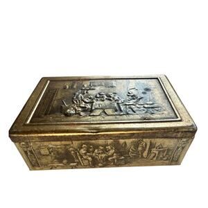 Vintage Embossed Metal Tavern Scene Tin Box | Old World Relief Decor Storage